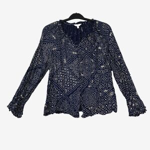 Lucky Brand Women's Boho‎ Flowy Top Tunic Navy Peasant M Long Sleeve Buttoned